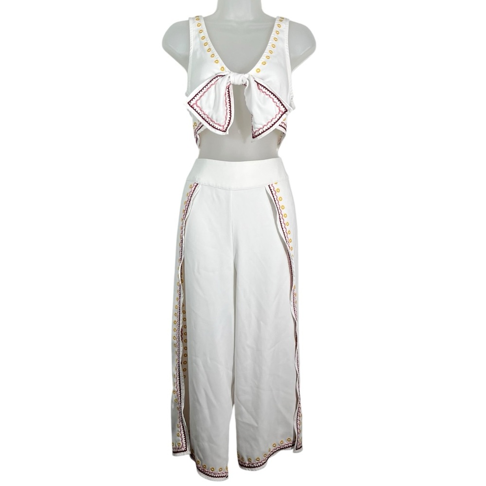 Tularosa Revolve Tavi White Tie Crop Top & Wide Leg Embroidered Set Small S